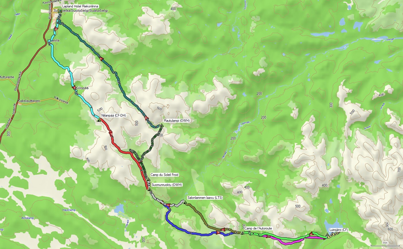 Carte trajets Urho Kekkonen en skis et pulka 2024